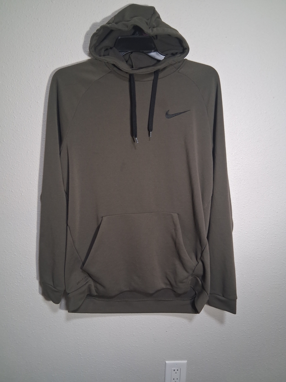 Nike Olive Green Men's Hoodie with Black Drawstrings
